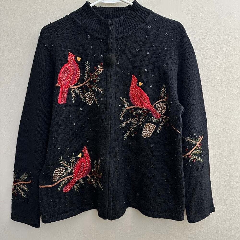 Tiara International Vintage Embroidered Cardinal Zip Front Cardigan Sweater  L